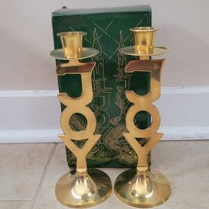 International Silver Company Brass JOY Candle Holders-Set Of 2